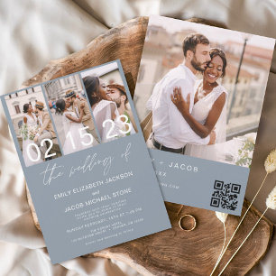 Budget Dusty Blue Photo QR code Wedding Invitation