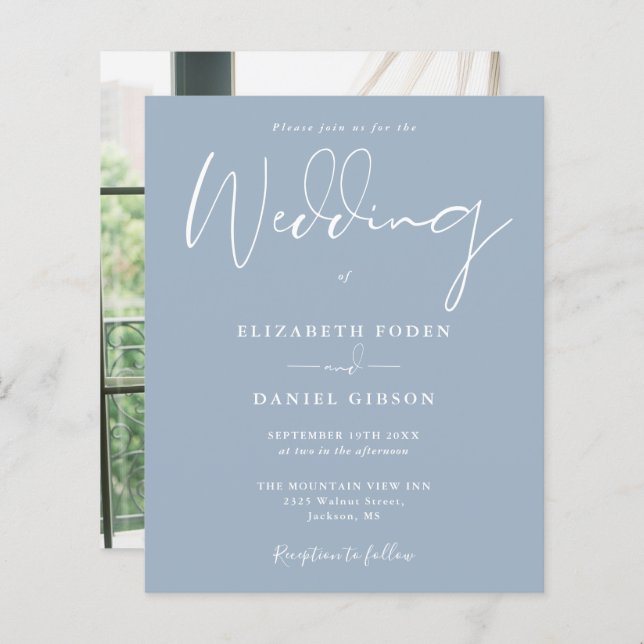Budget Dusty Blue Photo Wedding Invitation (Front/Back)
