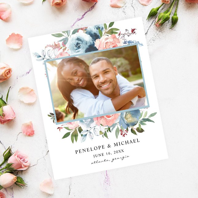Budget Dusty Blue Pink Floral Save the Date Photo Flyer (Creator Uploaded)