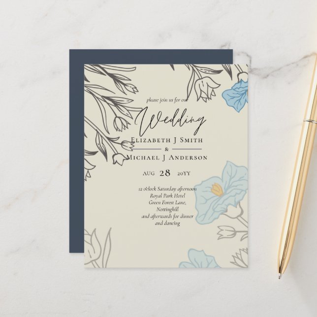 BUDGET Dusty Blue Poppy Magnolia Wedding Invite (Front/Back In Situ)