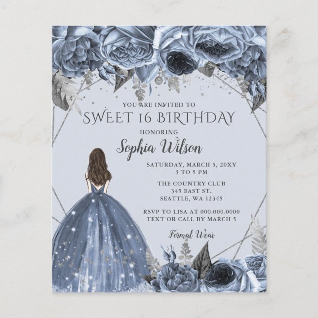 Budget Dusty Blue Princess Sweet 16 Invitation (Front)