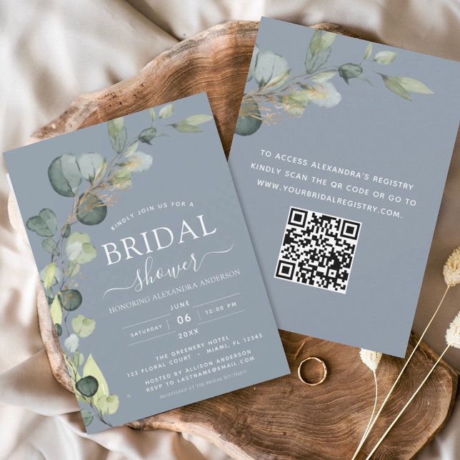 Budget Dusty Blue QR Code Bridal Shower Eucalyptus (Creator Uploaded)