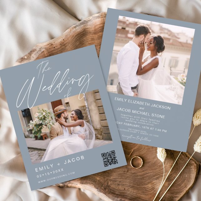 Budget Dusty Blue QR Code Photo Wedding Invitation Flyer (Creator Uploaded)