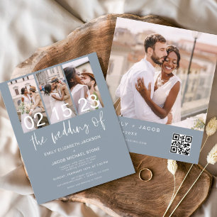 Budget Dusty Blue QR Code Wedding Invitation