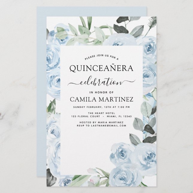 Budget Dusty Blue Quinceañera Floral Invitation (Front/Back)