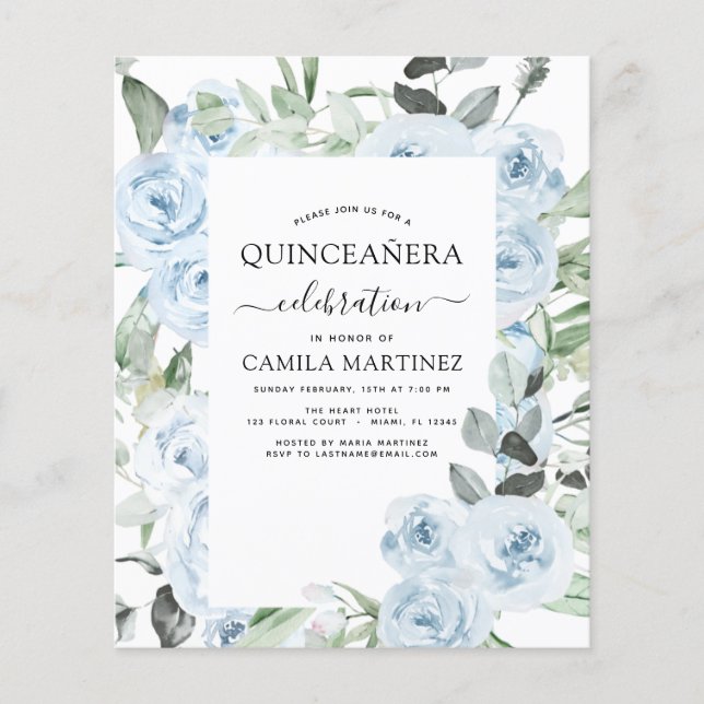 Budget Dusty Blue Quinceañera Floral Invitation Flyer (Front)