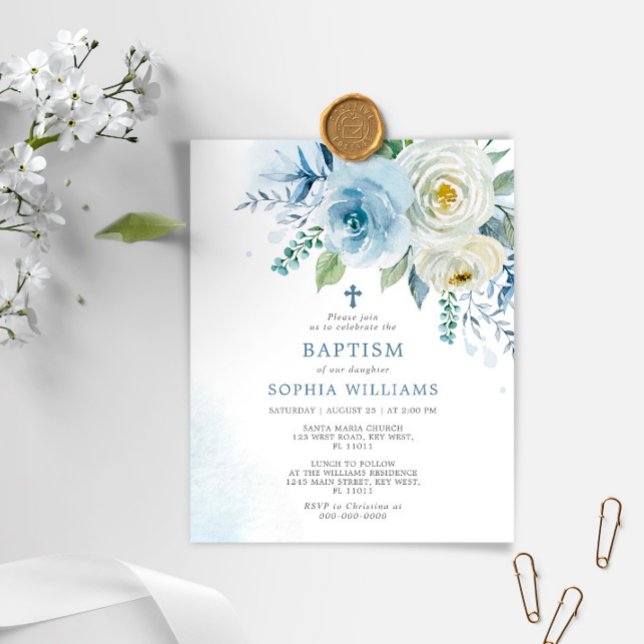 Budget Dusty Blue Rose Floral Baptism Invitation (Creator Uploaded)