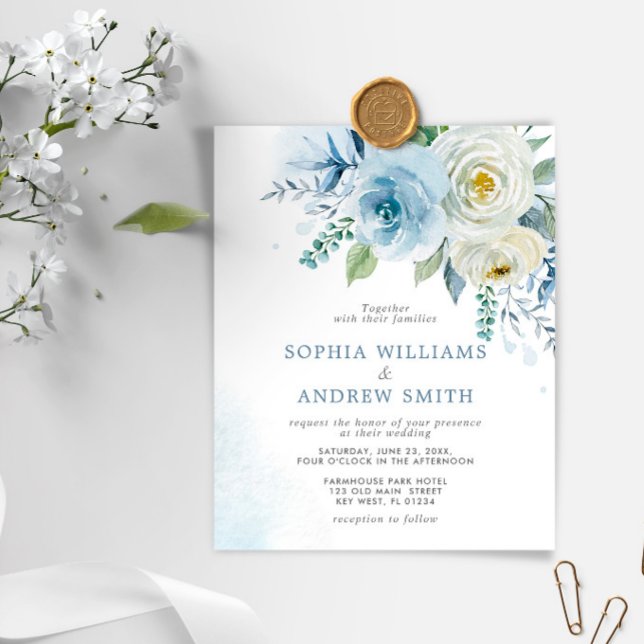 Budget Dusty Blue Rose Floral Wedding Invitation (Creator Uploaded)