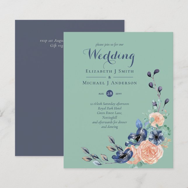 Budget Dusty Blue Sage Floral Wedding Invites (Front/Back)