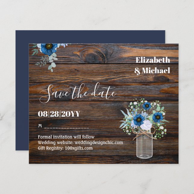 BUDGET Dusty Blue Save Dates Rustic Wedding (Front/Back)