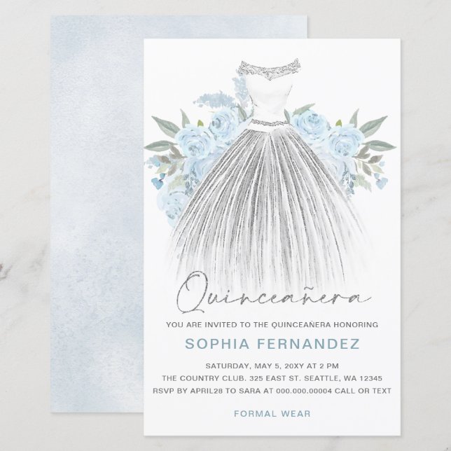 Budget Dusty Blue Silver Dress Quinceañera Invite (Front/Back)