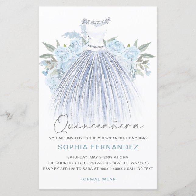 Budget Dusty Blue Silver Dress Quinceañera Invite (Front)