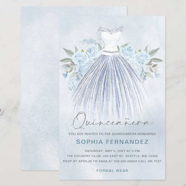 Budget Dusty Blue Silver Dress Quinceañera invite (Front/Back)