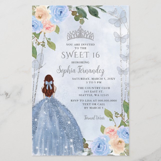 Budget Dusty Blue Silver Floral Princess Sweet 16 (Front)
