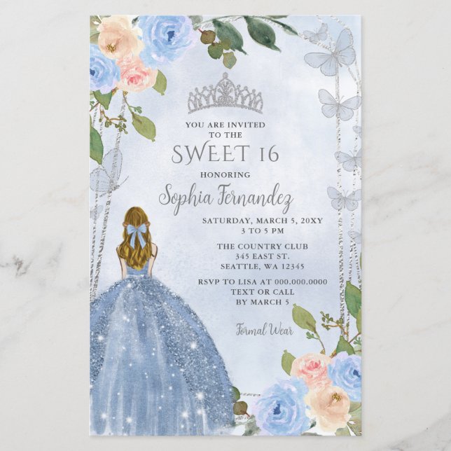 Budget Dusty Blue Silver Floral Princess Sweet 16 (Front)
