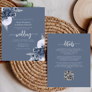 Budget Dusty Blue Silver Floral QR Code Wedding
