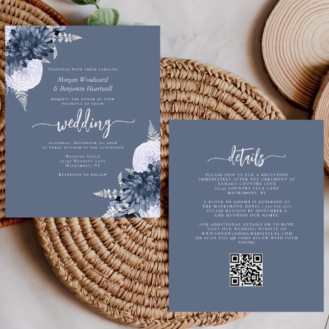 Budget Dusty Blue Silver Floral QR Code Wedding (Creator Uploaded)