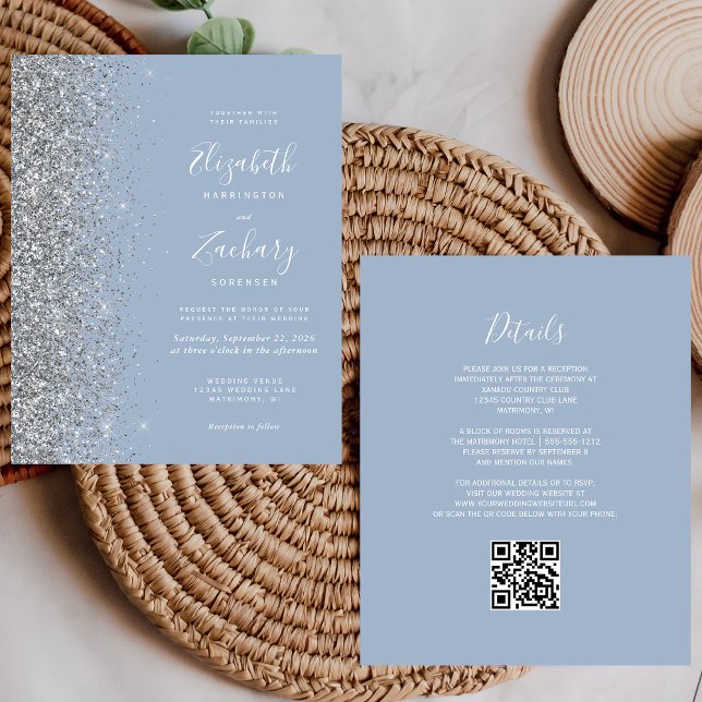 Budget Dusty Blue Silver Glitter QR Code Wedding (Creator Uploaded)