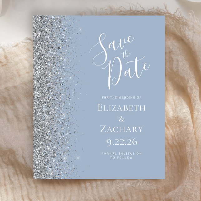 Budget Dusty Blue Silver Glitter Save the Date (Creator Uploaded)