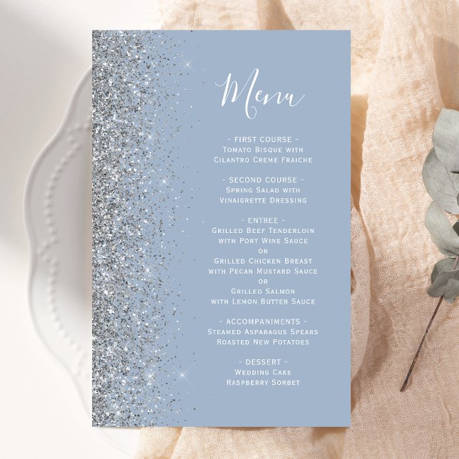 Budget Dusty Blue Silver Glitter Wedding Menu (Creator Uploaded)