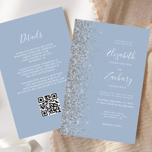 Budget Dusty Blue Silver QR Code Wedding Invite