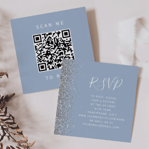 Budget Dusty Blue Silver Wedding QR Code RSVP Enclosure Card