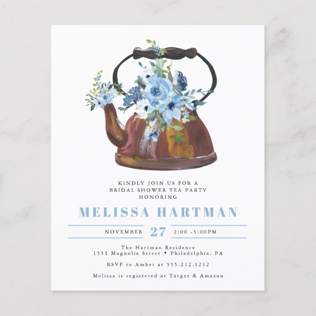 Budget Dusty Blue Tea Bridal Shower Invitation (Front)