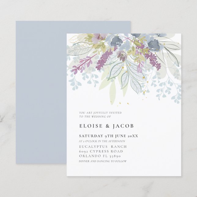 Budget Dusty Blue Watercolor Foliage Wedding (Front/Back)