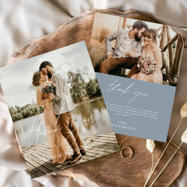 Budget Dusty Blue Wedding 2 Photos Thank You Cards (Creator Uploaded)