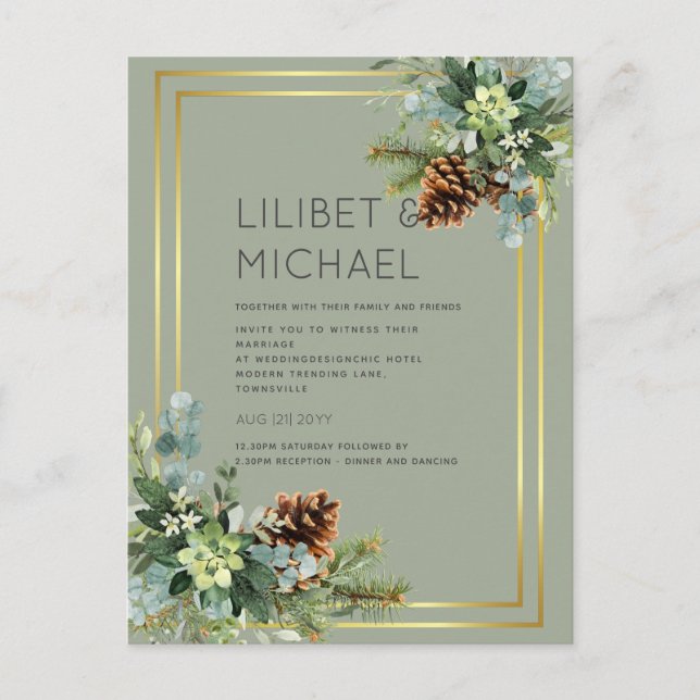 BUDGET  Dusty Blue Wedding Eucalyptus Greenery Postcard (Front)