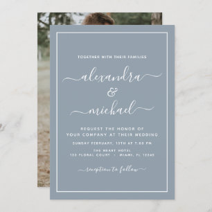 Budget Dusty Blue Wedding with Photo Invitation