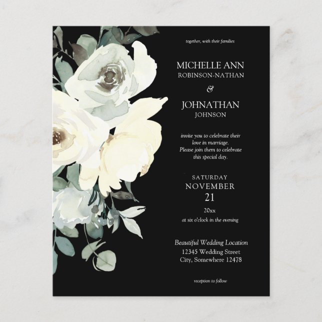Budget Dusty Blue & Whi Floral Black Wedding Flyer (Front)