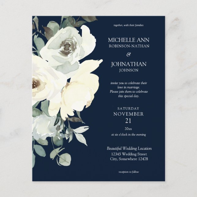 Budget Dusty Blue & Whi Floral Navy Wedding Flyer (Front)