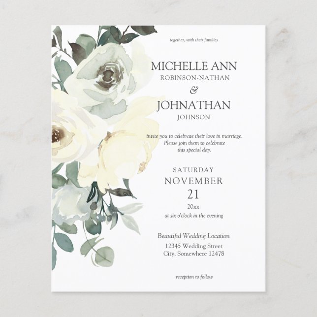 Budget Dusty Blue & White Floral 2 Wedding Flyer (Front)