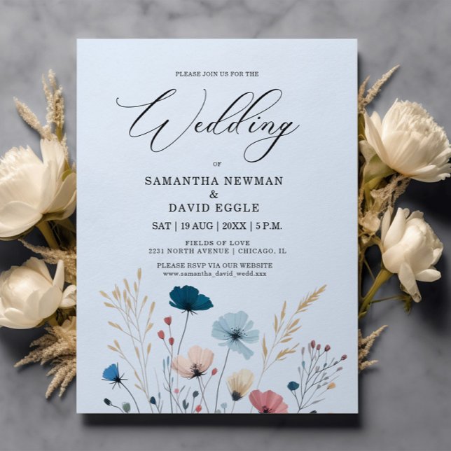 Budget Dusty Blue Wild Floral Wedding Invitation (Creator Uploaded)