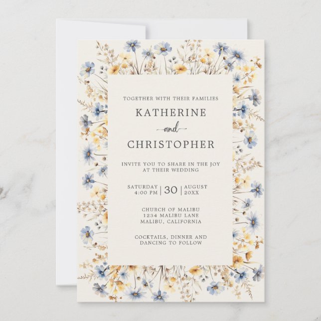 Budget Dusty Blue Wildflower All in One Wedding Invitation (Front)