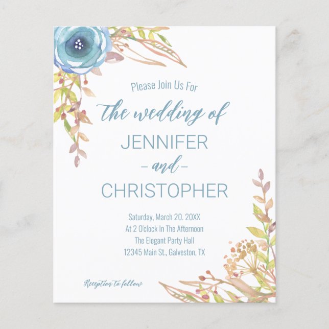 Budget Dusty Blue Wildflower Wedding Invitation Flyer (Front)