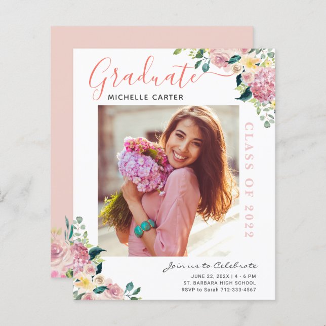 Budget Dusty Floral Photo Graduation Announcement (Front/Back)