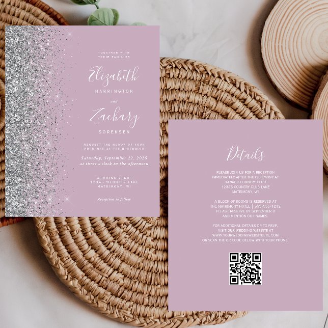 Budget Dusty Lilac Silver Glitter QR Code Wedding (Creator Uploaded)