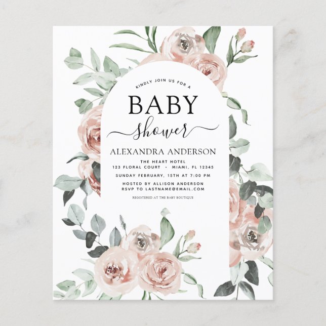 Budget Dusty Pink Baby Shower Floral Invitation Flyer (Front)