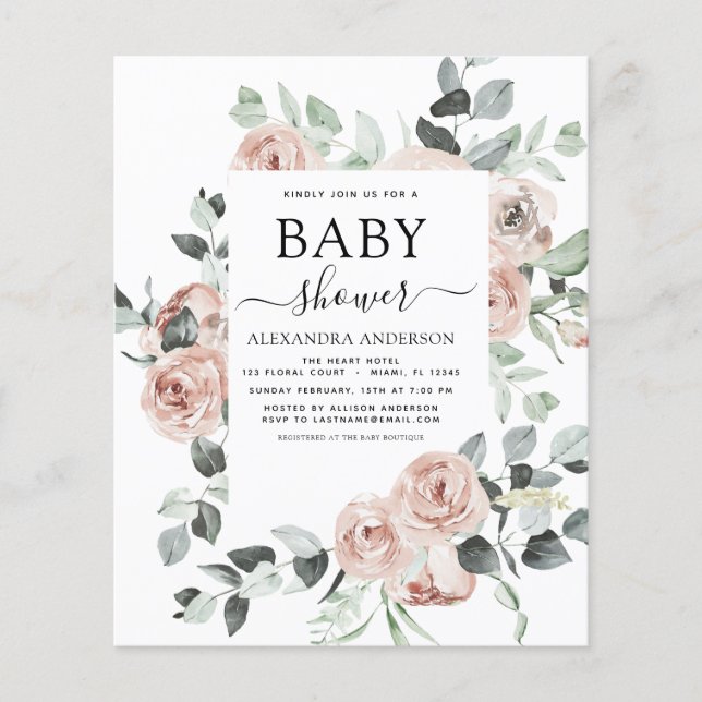 Budget Dusty Pink Baby Shower Floral Invitation Flyer (Front)