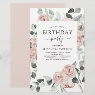 Budget Dusty Pink Birthday Party Floral Invitation