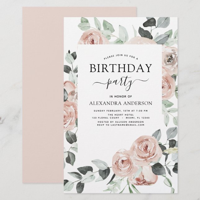 Budget Dusty Pink Birthday Party Floral Invitation (Front/Back)
