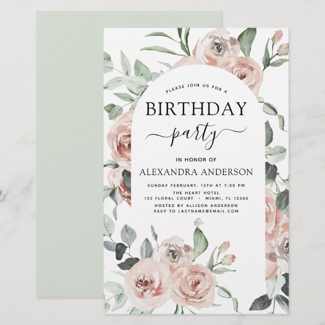 Budget Dusty Pink Birthday Party Floral Invitation (Front/Back)