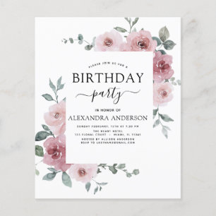 Budget Dusty Pink Birthday Party Floral Invitation Flyer
