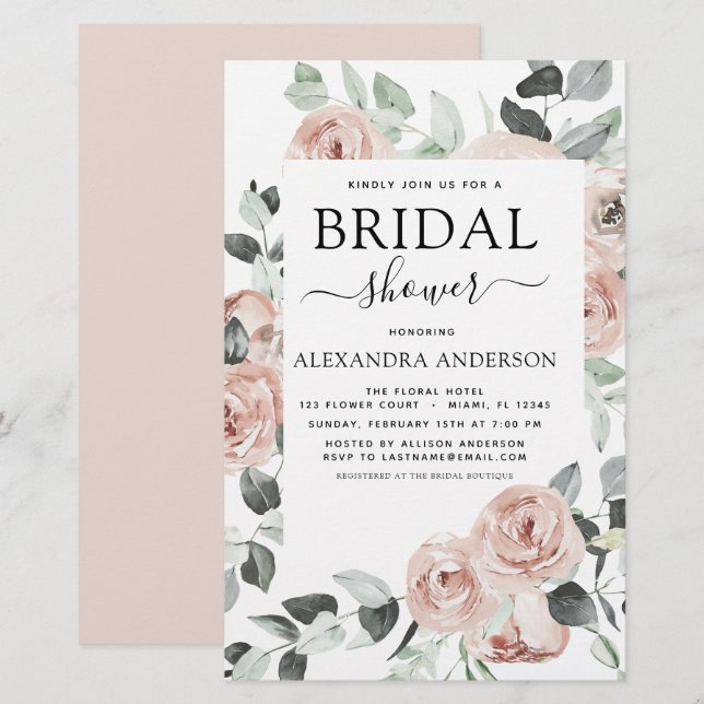 Budget Dusty Pink Bridal Shower Floral Invitation (Front/Back)