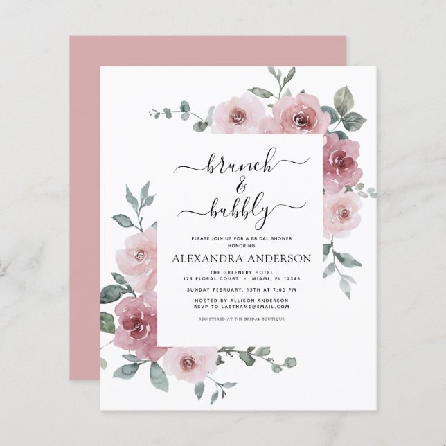 Budget Dusty Pink Brunch & Bubbly Bridal Shower (Front/Back)
