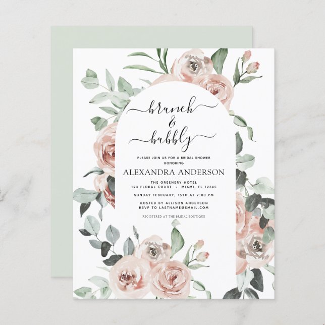Budget Dusty Pink Brunch & Bubbly Bridal Shower (Front/Back)