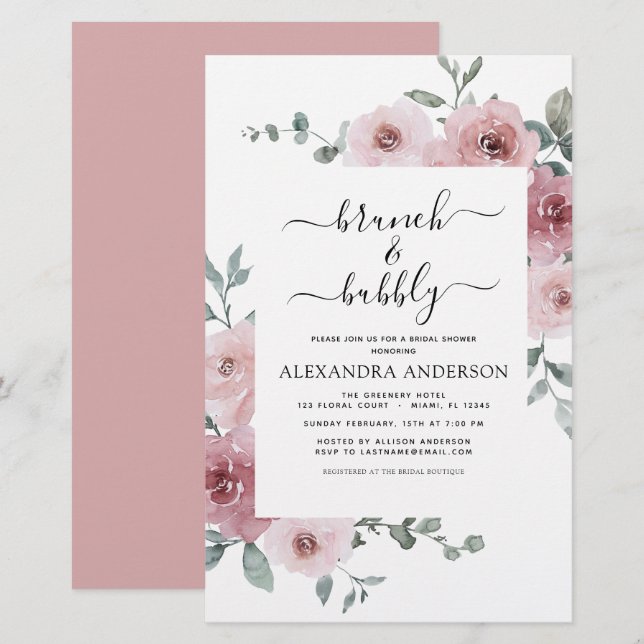 Budget Dusty Pink Brunch & Bubbly Bridal Shower (Front/Back)