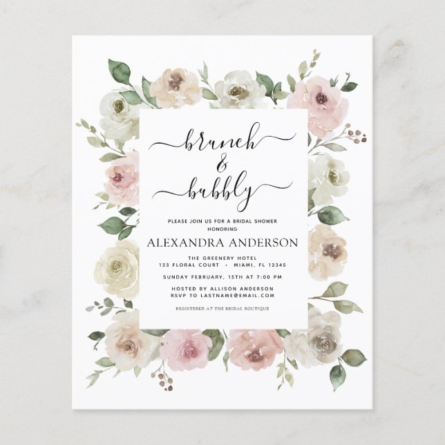 Budget Dusty Pink Brunch & Bubbly Bridal Shower Flyer (Front)